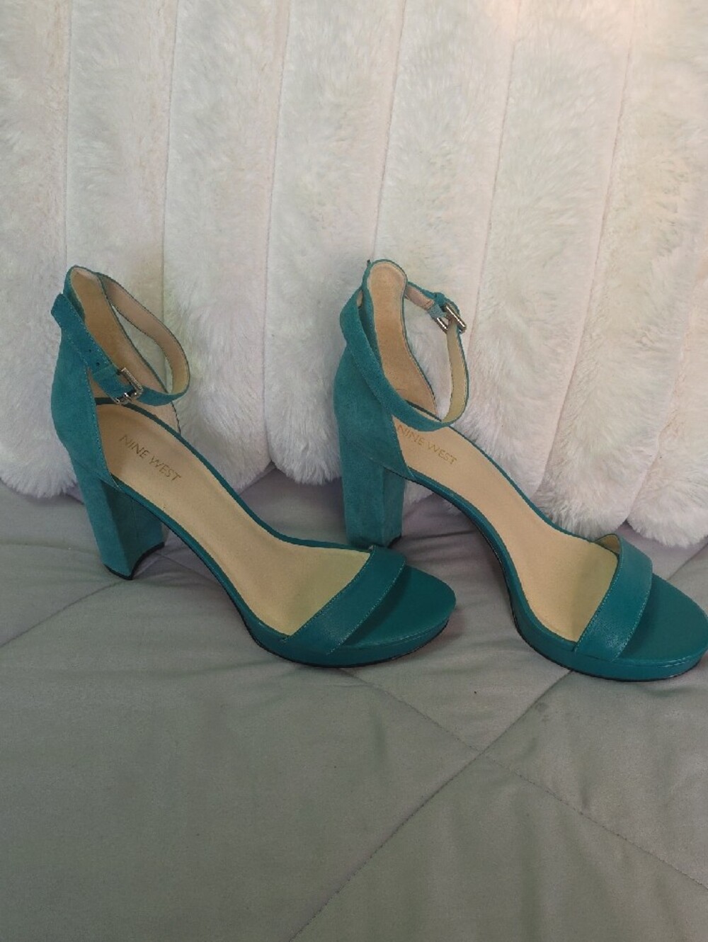 Nine West Teal Open-Toe Ankle-Strap Block Heels - Picture 3 of 9